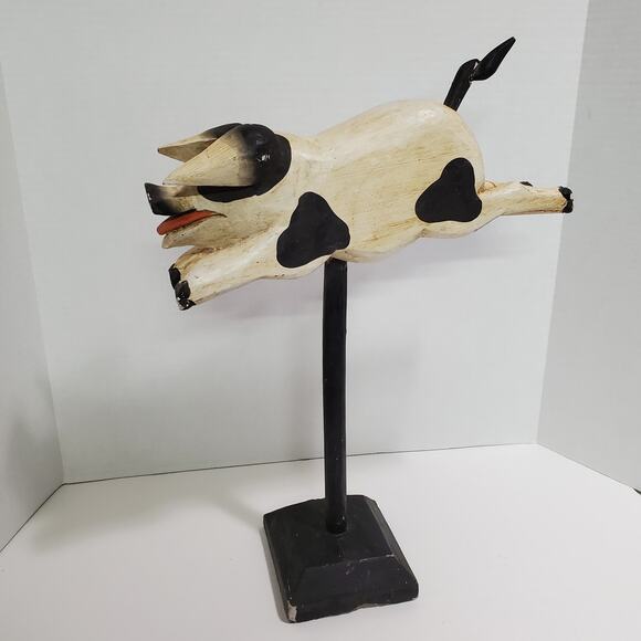 Set of 2 Flying Pig & Cow Jumped Over Moon Carved Wood Figurines Folk Art Vtg? - Picture 8 of 16